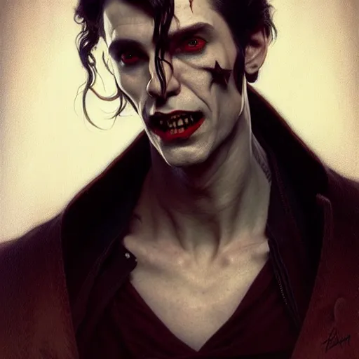 Image similar to portrait painting of actor joseph quinn as a vampire, ultra realistic, concept art, intricate details, eerie, highly detailed, photorealistic, octane render, 8 k, unreal engine. art by artgerm and greg rutkowski and charlie bowater and magali villeneuve and alphonse mucha