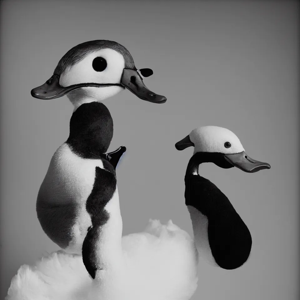 Image similar to a black and white studio portrait of a humanoid duck punk rocker, studio lighting, tri - x