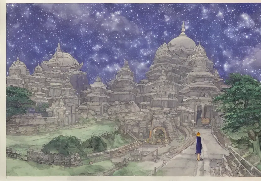 Prompt: a hyperrealist watercolor concept art from a studio ghibli film showing one giant grey monk. a temple is under construction in the background in india on a misty and starry night. by studio ghibli. very dull muted colors