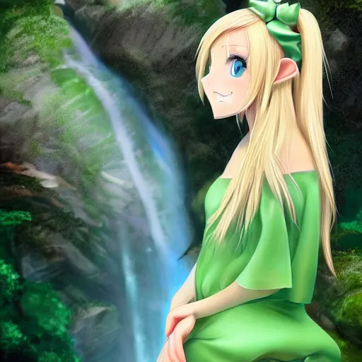 Prompt: beautiful young blonde-haired elf woman tucking her hair behind her ear and wearing a green dress in front of a waterfall, anime art, trending on artstation, super cute, 4k