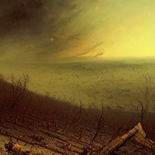 Prompt: a plague of locusts over burning forest and meadows on fire. desolate landscape. fields on fire. greg rutkowski gustave dore caspar david friedrich dystopian hyperdetailed landscape. millions of tiny locusts in the sky