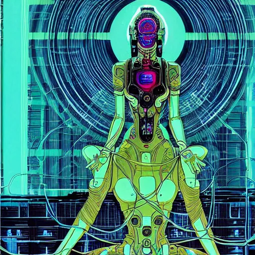 Image similar to a portrait of a beautiful cybernetic woman meditating in lotus pose, wires, cyberpunk concept art by josan gonzales and philippe druillet and dan mumford and enki bilal and jean claude meziere