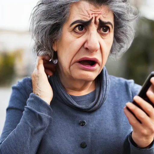 Image similar to astonished and angry middle aged lady looking at smartphone, unsure expression, uncombed hair, greek ethnicity, persian face structure, straight grey hair, angry eyes, photo, realistic, outdoor lighting, 4 k, 8 k, hd, 3 9 mm lens