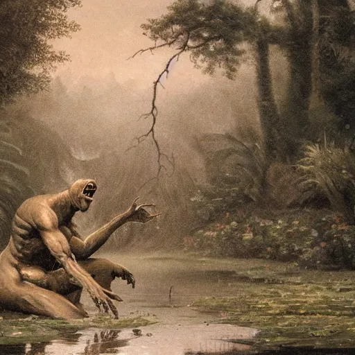 Image similar to a humanoid monster emerging from a pond