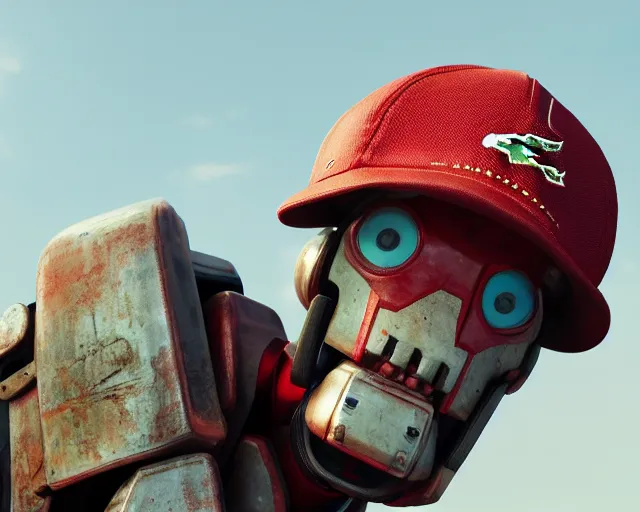 Image similar to CHAPPIE Wearing A Red Lacoste Hat, Full Figure, 8K, octane render, HDR, photorealistic, volumetric lighting, Hyperrealistic-H 960