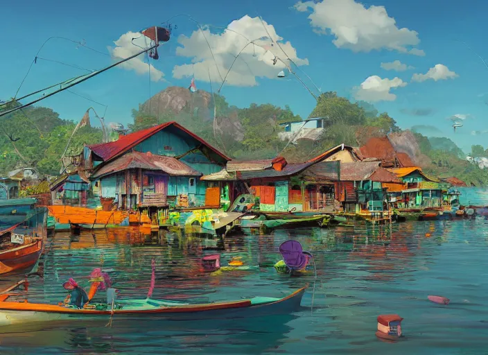 Prompt: fishing village, sipadan, summer morning, very coherent and colorful high contrast, art by gediminas pranckevicius, geof darrow, makoto shinkai, dark shadows, hard lighting