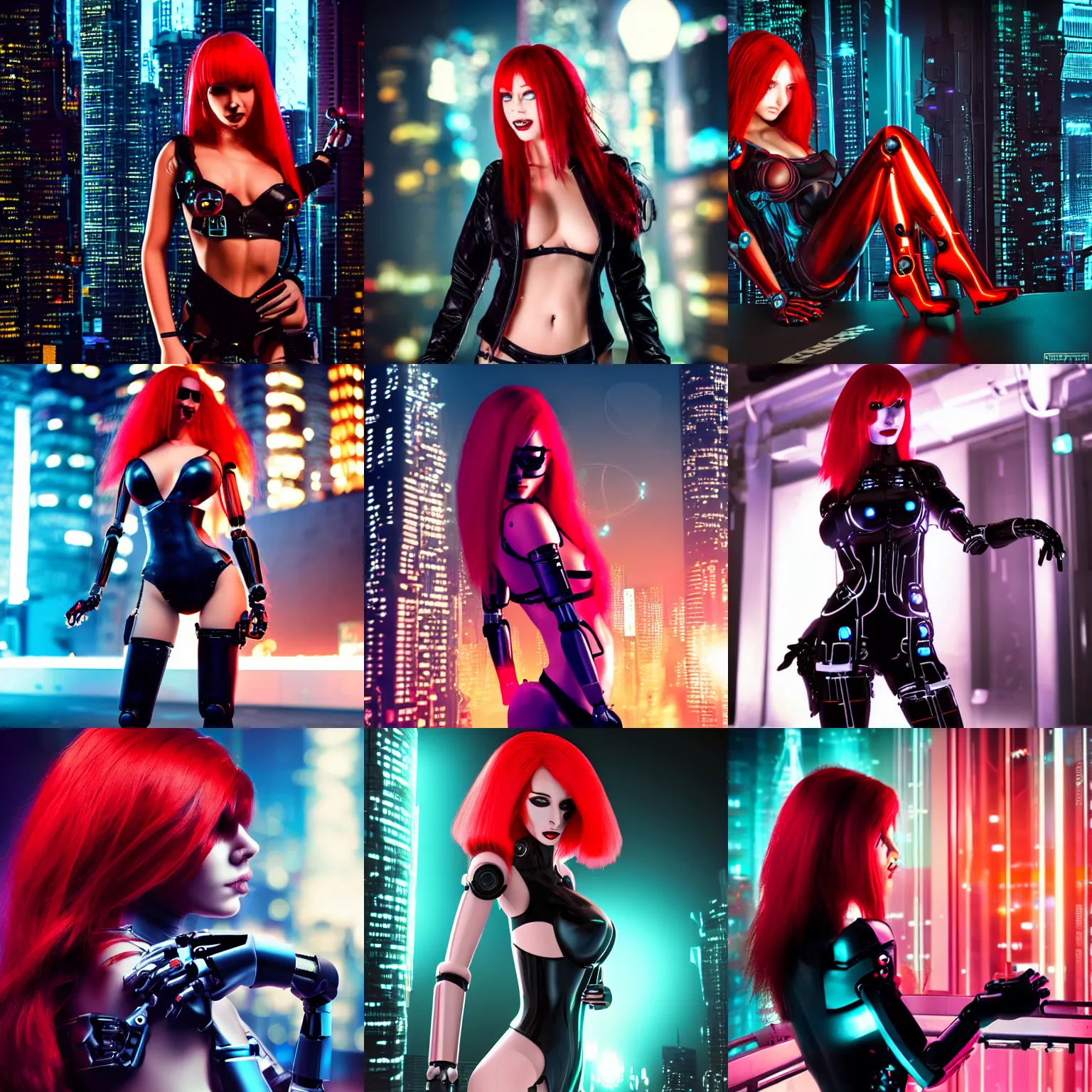 Prompt: cyberpunk robotic cybergirl with red hair in night city
