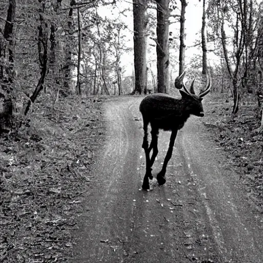 Prompt: alien riding on the back of a deer, grainy trail cam, low detail, noisy, low light, black and white