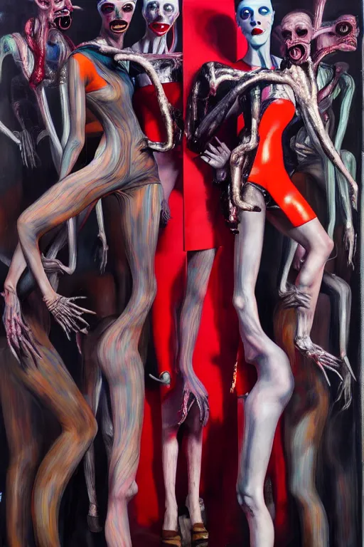 Image similar to crazy fashion catwalk, latex, constructivism, freak show, one model, crazy clothes, biopunk style, horror, hauntingly surreal, highly detailed painting by francis bacon, edward hopper, adrian ghenie, gerhard richter, and james jean 4 k