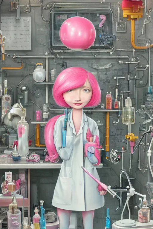 Prompt: highly detailed, industrial portrait of a confident, beautiful, attractive adult princess bubblegum from adventure time, experimenting in her science lab, wearing lab coat, bubblegum hair with long straight bangs, gravitas, depth of field, illustration, concept art by nicoletta ceccoli, mark ryden, lostfish, detailed and intricate environment, 8 k resolution, hyperrealistic, octane render