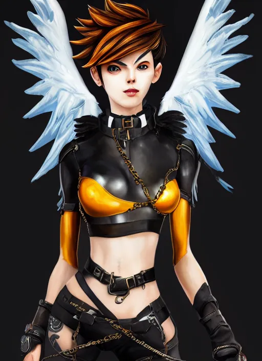 Image similar to full body oil painting of tracer overwatch, angel wings, dramatic painting, symmetrical composition, wearing detailed leather choker, black shiny armor, chains, detailed face and eyes,