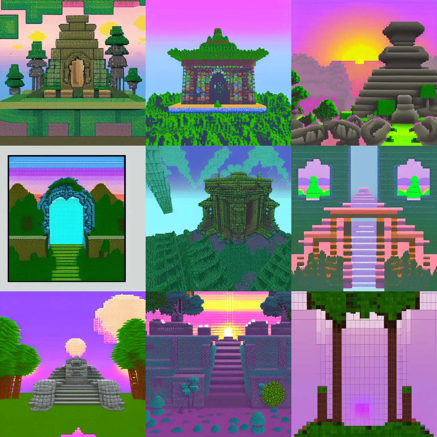 Prompt: secret forgotten overgrown stone temple at sunset, pixel art, pastel, dithering, gradient