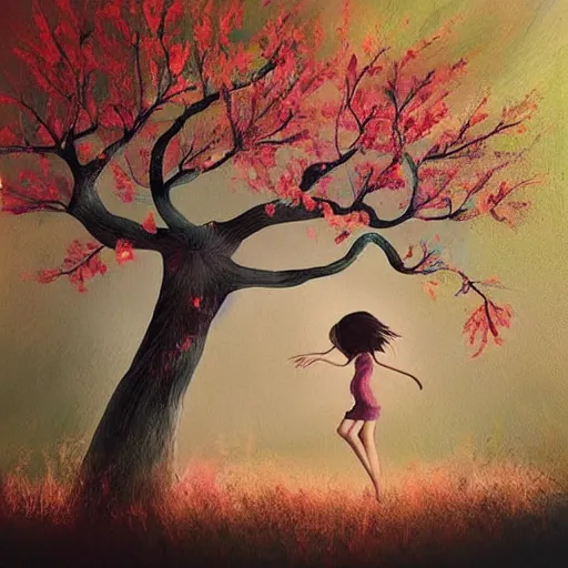 Image similar to a tree that grows around and protects a running girl, the girl cries and her tears feed the tree so it grows beautiful flowers, painting with soft colors, dark optimism