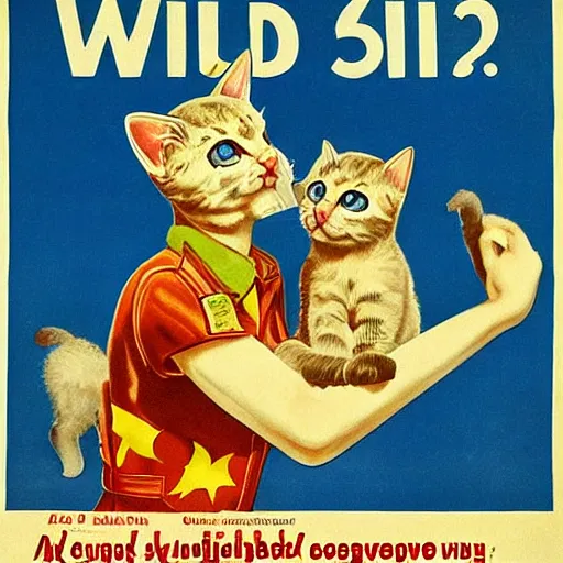 Prompt: a german propaganda poster cute kittens fighting in world war 3, ww 3, dystopian future, communist propaganda