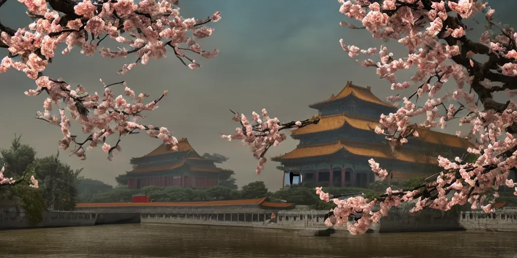 Prompt: spring in the forbidden city, peach blossom, prometheus film style, realistic, cinematic, trending on artstation, 8 k,