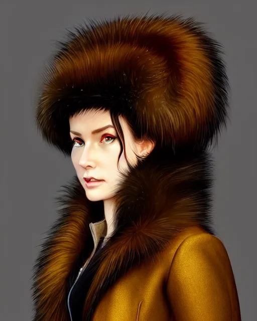 Image similar to fur - lined dragonhide jacket!!! beautiful and elegant female!! gorgeous ayes!! golden face ratio! character concept art, sharp focus, illustration, artgerm!! greg rutkowski! wlop!! ilya kuvshinov!! charlie bowater! octane render! unreal engine 5! highly rendered!! trending on artstation!!