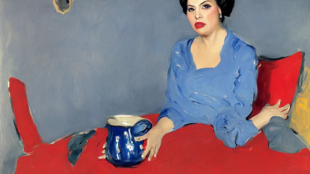 Prompt: portrait of rebekah delrio in mulholland drive, big persian blue pot, blue and red lights painted by john singer sargent