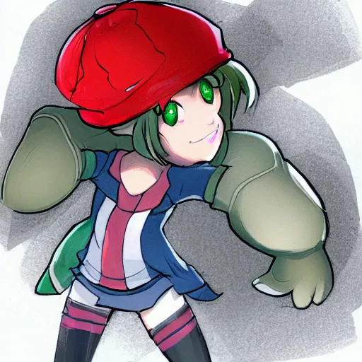 Image similar to concept art for a turtle girl with red cap, anime 2d platformer