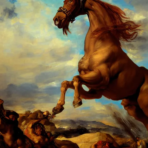 Image similar to bellerophon facing the chimera by eugene delacroix, masterpiece 4 k digital, highly detailed, trending on artstation, award winning