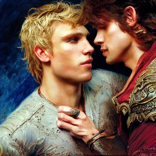 Image similar to attractive male, arthur pendragon who has blond hair confesses his love to attractive male, merlin who has dark hair. highly detailed painting by gaston bussiere, craig mullins, j. c. leyendecker 8 k