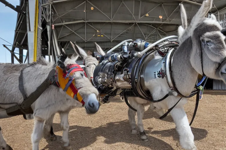 Image similar to a comically large rocket engine strapped to a donkey, photograph, ignition