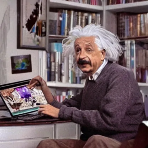 Prompt: albert einstein playing fortnite in his living room