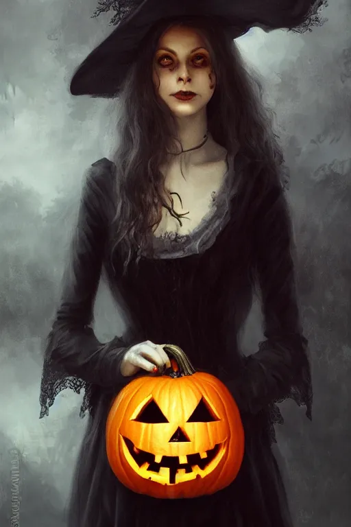 Prompt: portrait of a ghoulish victorian witch holding a jack - o - lantern, halloween night, charlie bowater, artgerm, ilya kuvshinov, krenz cushart, ruan jia, realism, ultra detailed, 8 k resolution