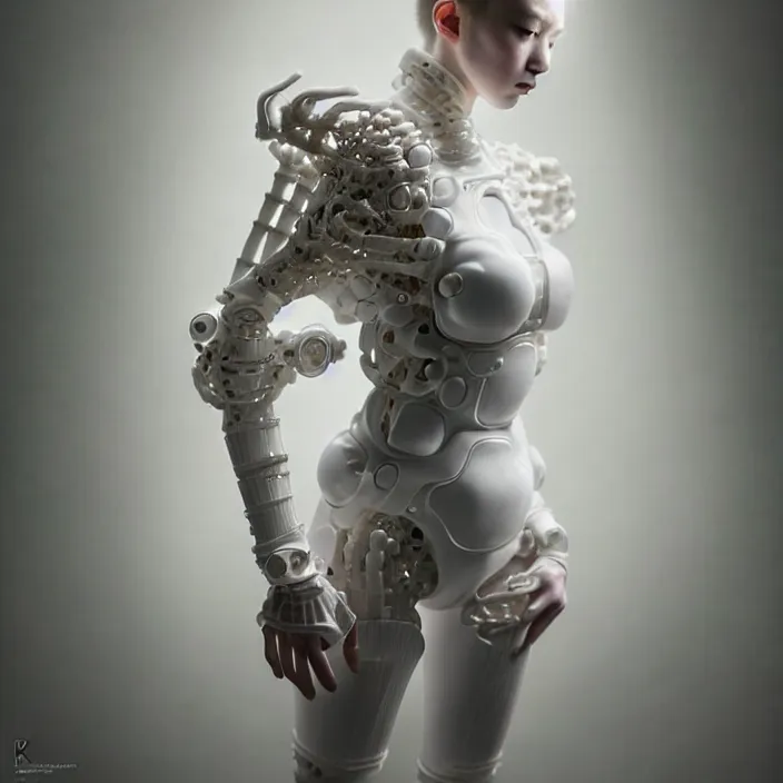 Image similar to porcelain cyborg, Japanese Kakiemon porcelain exoskeleton 16th century, diffuse lighting, fantasy, intricate, elegant, highly detailed, lifelike, photorealistic, digital painting, artstation, illustration, concept art, smooth, sharp focus, art by John Collier and Albert Aublet and Krenz Cushart and Artem Demura and Alphonse Mucha