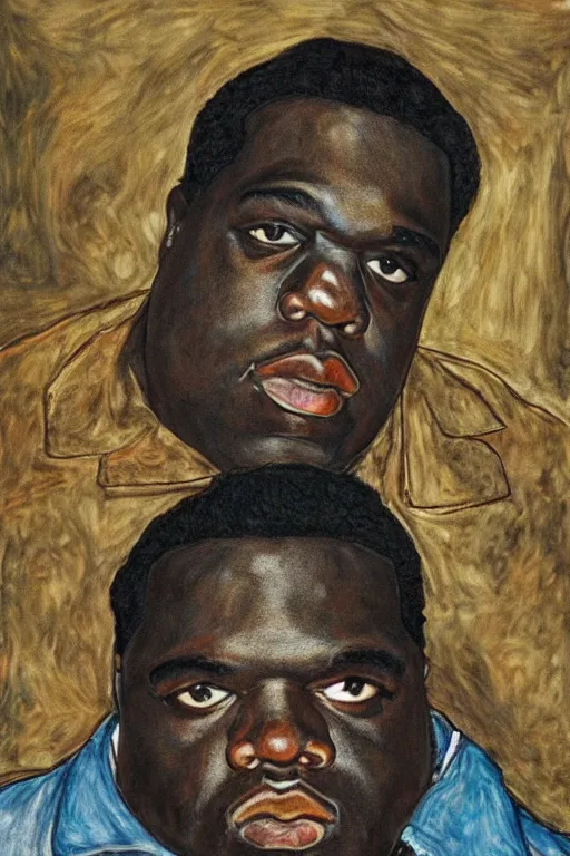 Image similar to a portrait of biggie smalls in style of egon schiele, notorious b. i. g., masterpiece, hyperdetailed, complex, intricate, old school photo, 4 k, trending on artstation