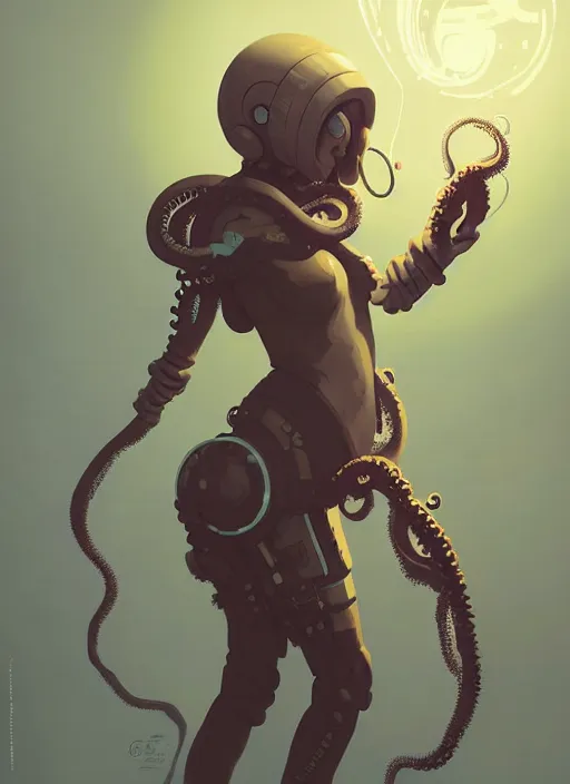 Image similar to portrait of cute octopus tentacle space girl, warhammer, cyberpunk by atey ghailan, by greg rutkowski, by greg tocchini, by james gilleard, by joe gb fenton, by in kaethe butcher, dynamic lighting, gradient light blue, brown, blonde cream and white color in scheme, grunge aesthetic, black background