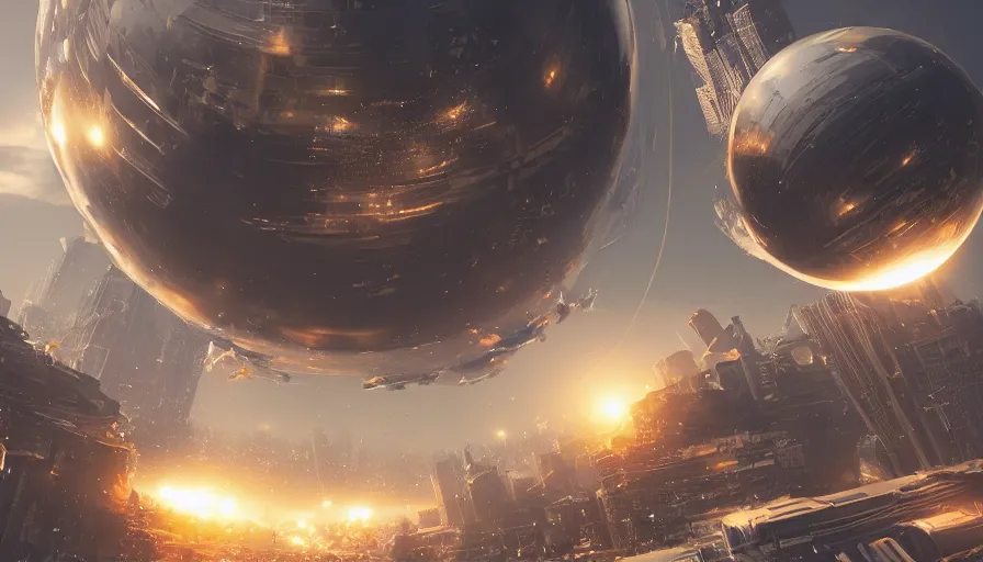 Image similar to giant metallic sphere falling to the sky and destroying city, hyperdetailed, artstation, cgsociety, 8 k