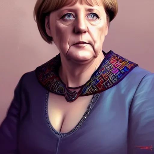 Prompt: Portrait of Angela Merkel !with beard!, D&D, blue eyes, face, dark fantasy, intricate, elegant, highly detailed, digital painting, artstation, concept art, smooth, sharp focus, illustration, art by artgerm and greg rutkowski and alphonse mucha