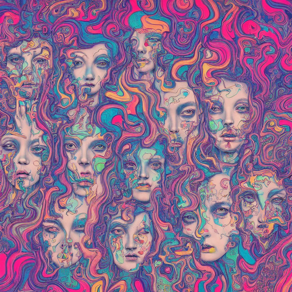 Image similar to acid faces in oil by james jean, photoillustration, mystical baroque, pastel synthwave