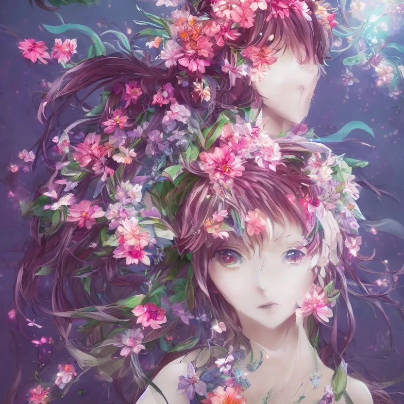 Prompt: Stunning Anime Goddess of the floral river flowers, misty, intricate, beautiful, artstation 8k, high resolution