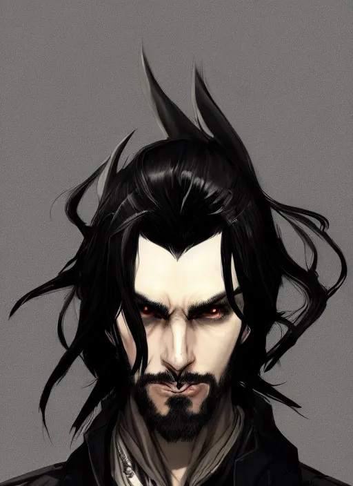 Image similar to Half body portrait of a handsome elven warrior with long black hair and facial hair wearing a black jacket. In style of Yoji Shinkawa and Hyung-tae Kim, trending on ArtStation, dark fantasy, great composition, concept art, highly detailed.