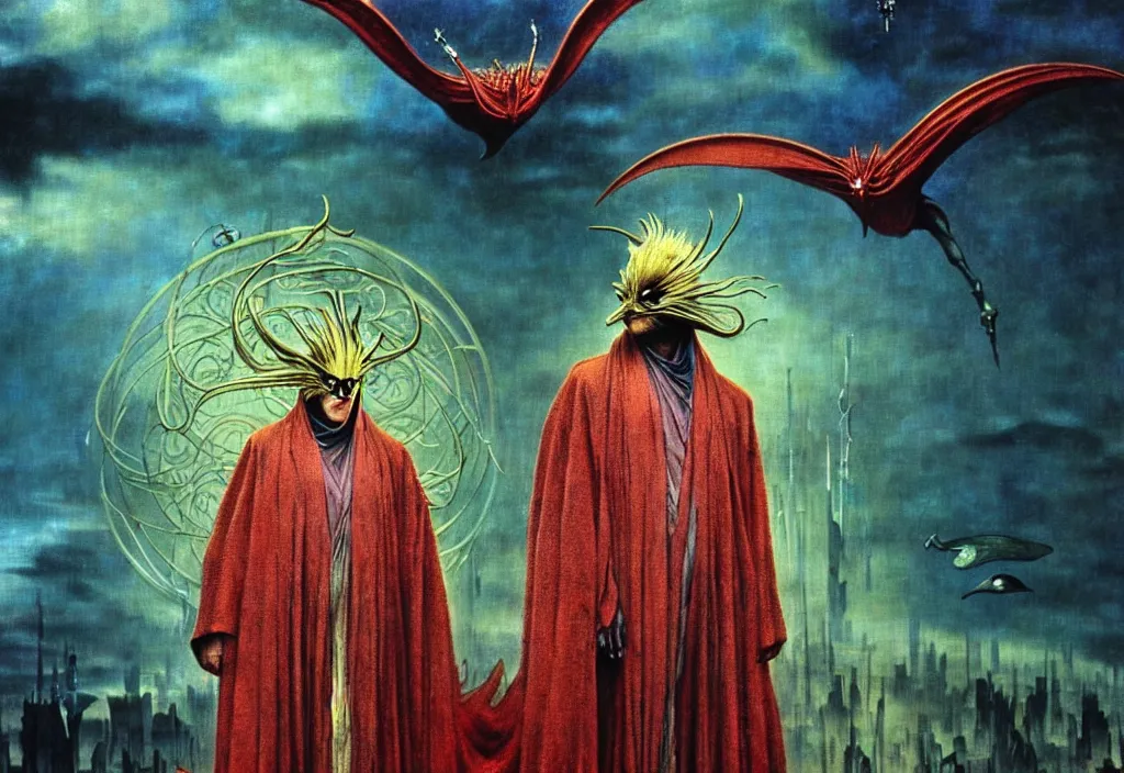 Image similar to realistic detailed portrait movie still of a birdman wearing dark robes, sci fi city landscape background by denis villeneuve, amano, yves tanguy, alphonse mucha, ernst haeckel, max ernst, roger dean, ridley scott, masterpiece, rich moody colours, blue eyes, snarling dog teeth