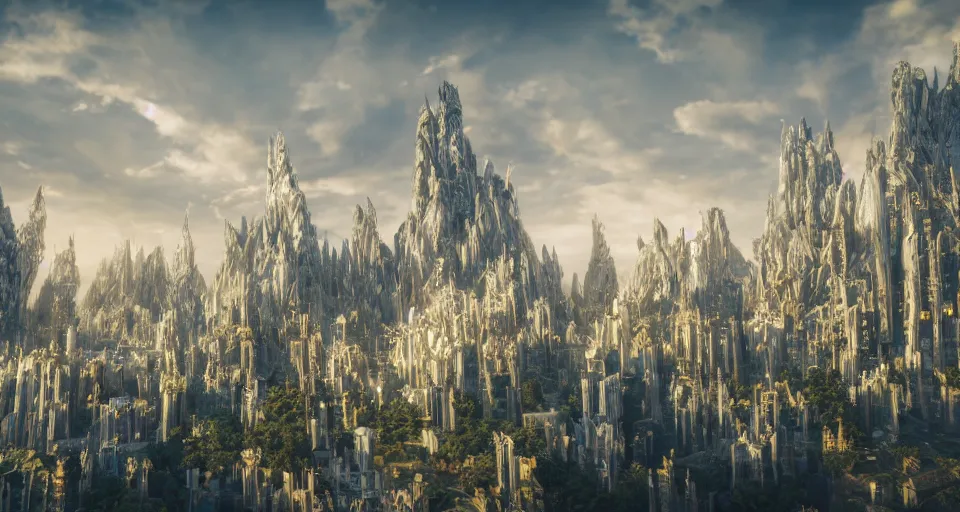 Prompt: majestic futuristic elf city made of white stone and decorated with gold, a lot of plants and trees, epic buildings in the center, light clouds, cinematic sky, sunrise, 8 k, unreal engine 5, sharp