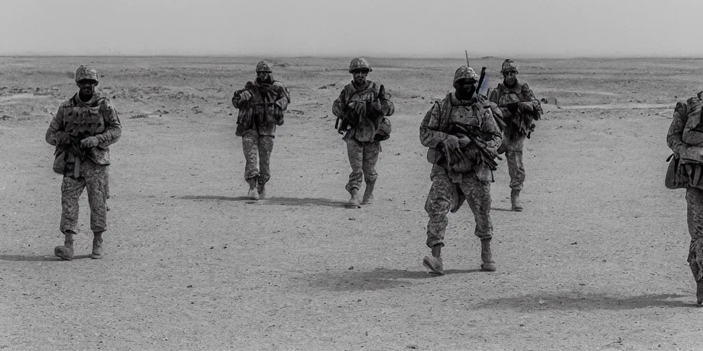 Prompt: an anamorphic rooster walking the sands of iraq with his platoon. cinematic photograph. 35mm.