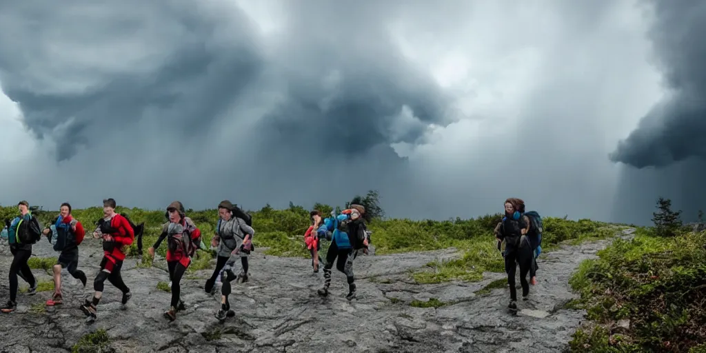 Prompt: A hiking group running away from a giant black cloud, horror movie cinematic, rain stormy fog, terrifying nightmare