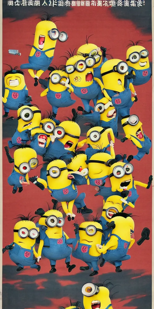 Prompt: chinese propaganda poster with minions