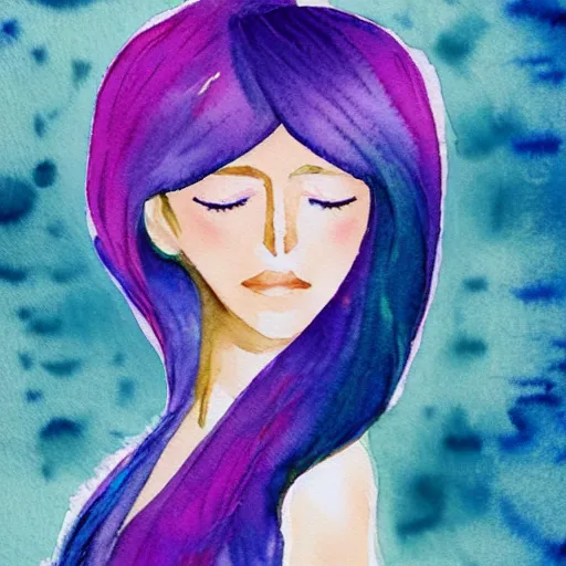 Prompt: watercolor of a beautiful woman with iridescent translucent hair, her eyes are closed, hair is floating, ethereal