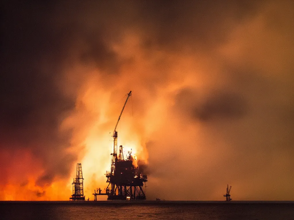 Prompt: “photography of oil rig on fire , fog, night, mood, atmospheric, full of colour, digital photography”