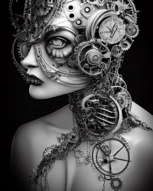 Image similar to black and white dreamy foggy profile face portrait, one steampunk eye biomechanical beautiful young female cyclope - cyborg - robot bust, body ribs meshes,, volumetric light, hibiscus flowers, by hg giger, rim light, by dora maar and cecile beaton, big gothic fashion pearl embroidered collar, 8 k