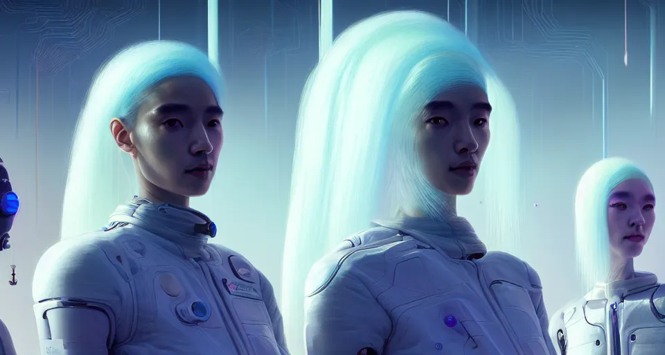 Prompt: portrait of yael shelbia and kang seul - gi, venus squid astronaut, symetrical facial, white hair, intricate design details. cyberpunk, touareg, by ruan jia and beeple. smooth gradients, deep space.