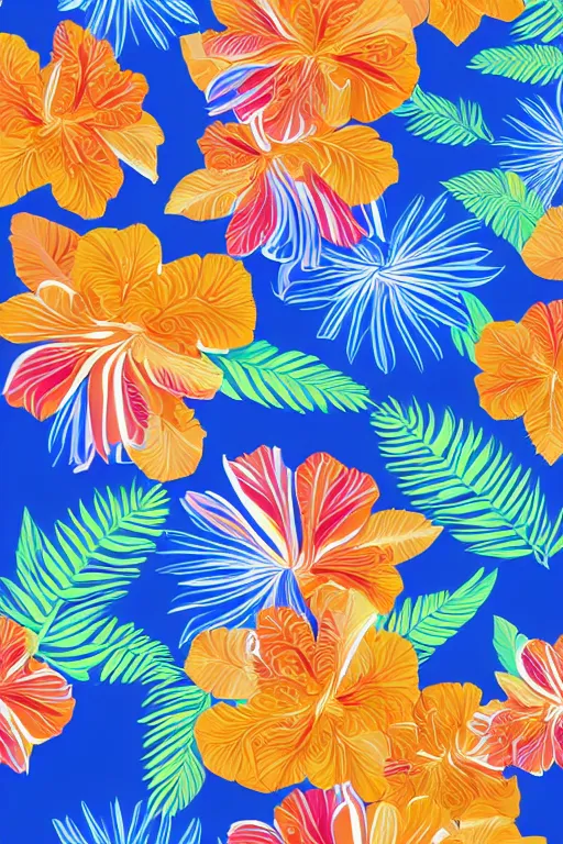 Prompt: detailed Vector illustration of tropical flowers with multiple cohesive colors ranging from warms blues to bright oranges, ((dark blue background)), 4K resolution