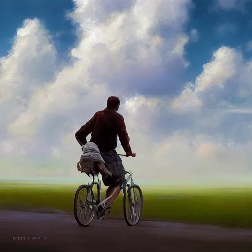 Image similar to A man riding his bicycle through the clouds in the sky, evokes feelings of wonder and amazement, an expressive oil painting by Wes Wilson and Krenz Cushart