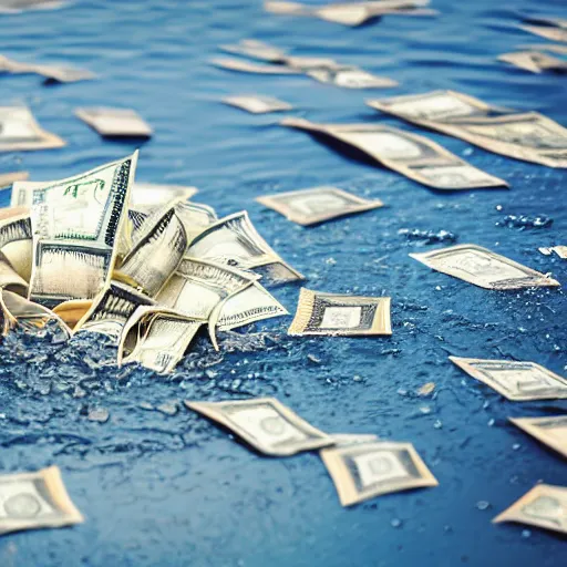 Image similar to a picture of a wet pile of money, in the ocean, there is rain