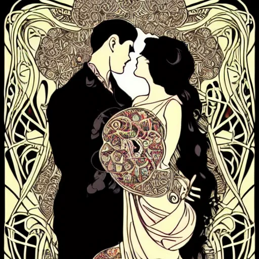 Image similar to a couple in love. she has dark wavy hair. he is bald. in the style of art nouveau. floral. hyper detailed. intricate. beautiful.