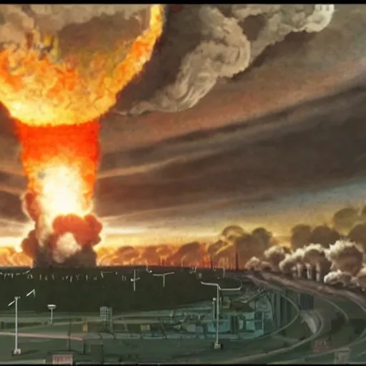 Image similar to Artificial superintelligences watching nuclear war for fun, ultra advanced robots, mushroom clouds, grandstands filled with AI constructs, nuclear explosion in the distance