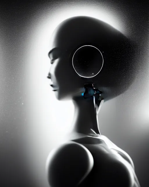 Prompt: black and white high quality photo of a beautiful female AI vegetal-cyborg looking into a sci-fi mirror, volumetric lighting, liminal space, brutalism, foggy, dreamy, hyperdetailed, bokeh, photorealistic, cinematic, masterpiece, Metropolis, elegant, dark, in the style of Horst P. Horst, octane render, 8K,